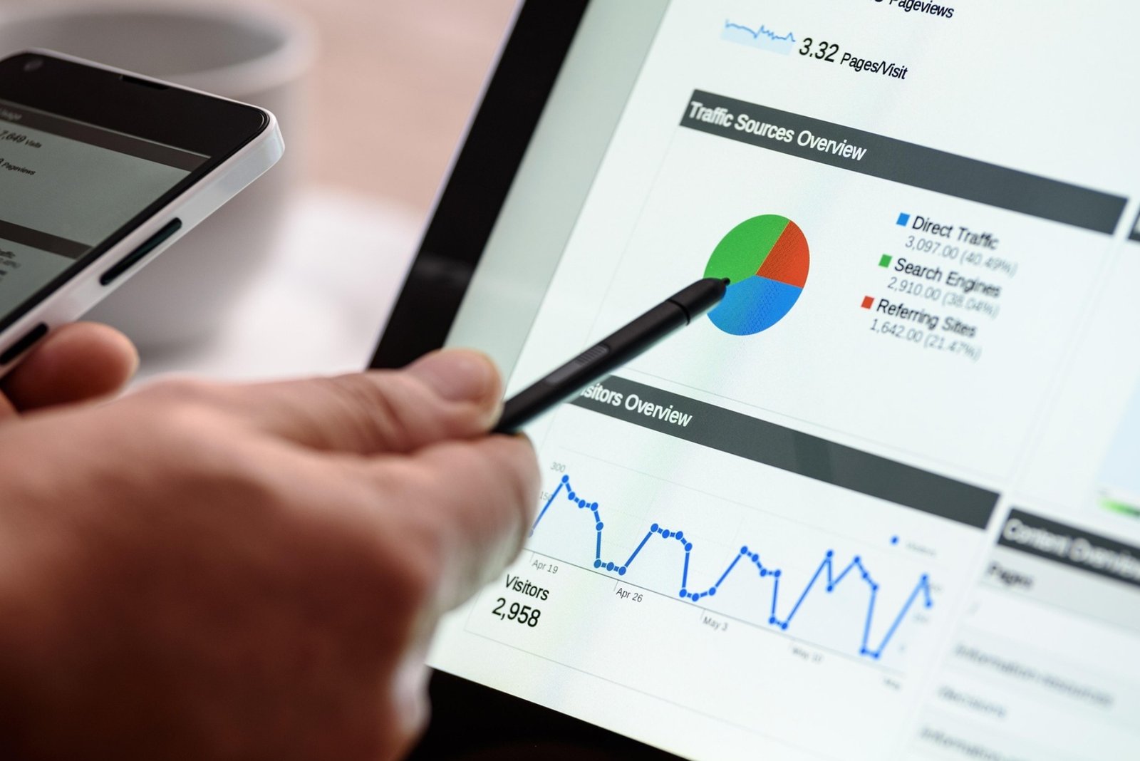 Hand pointing to website analytics data on a tablet screen