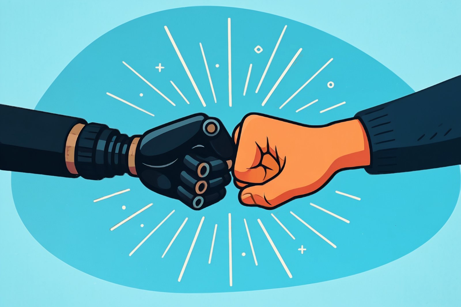 A human fist and a robotic fist bump against a glowing blue background, symbolizing collaboration and shared goals using a ChatGPT workspace tag.