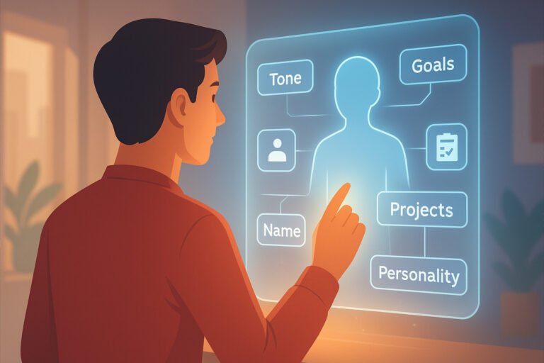 A young person interacts with a glowing digital interface showing profile elements like "Tone," "Goals," and "Projects," symbolizing how users can customize ChatGPT to match their personality and workflow.