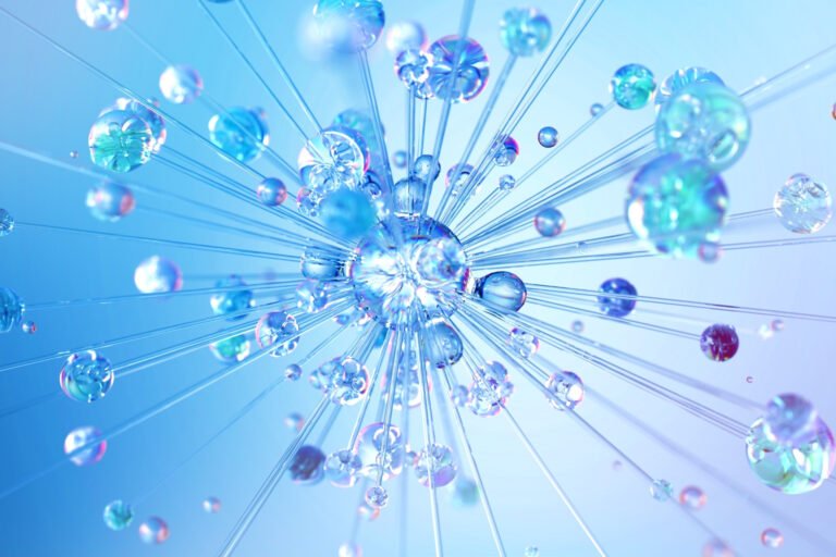 A glowing web of glass orbs connected by filaments against a blue background, symbolizing memory, structure, and evoking the idea of AI assistant tips for connectivity.