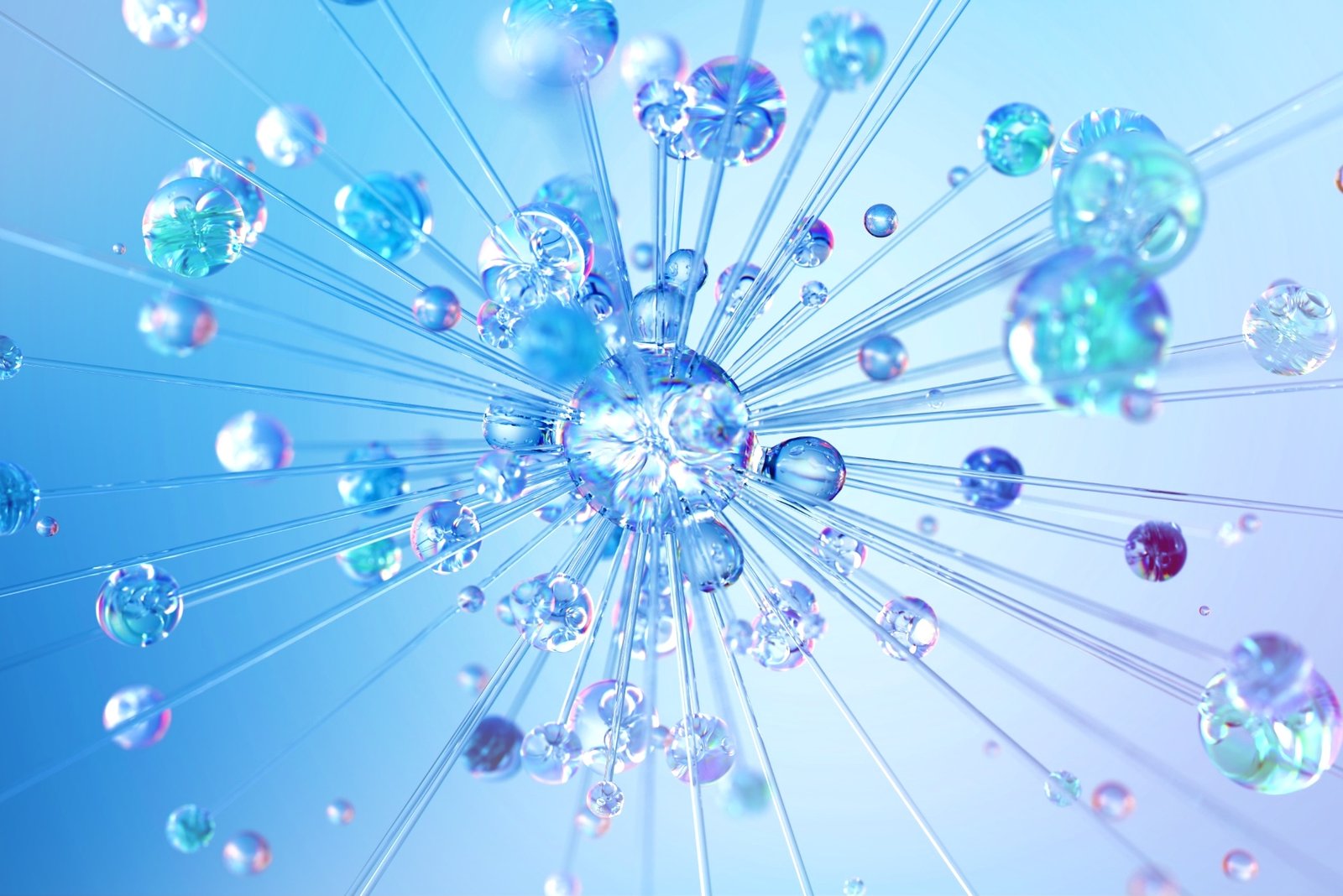 A glowing web of glass orbs connected by filaments against a blue background, symbolizing memory, structure, and evoking the idea of AI assistant tips for connectivity.