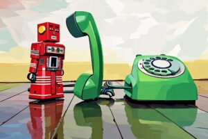 A red toy robot stands next to a green rotary phone in a stylized pop-art setting, symbolizing quirky, human-to-AI conversation.
