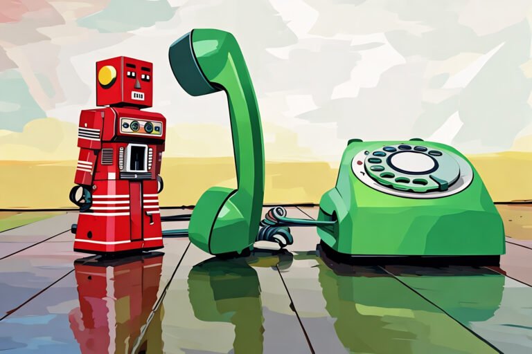 A red toy robot stands next to a green rotary phone in a stylized pop-art setting, symbolizing quirky, human-to-AI conversation.