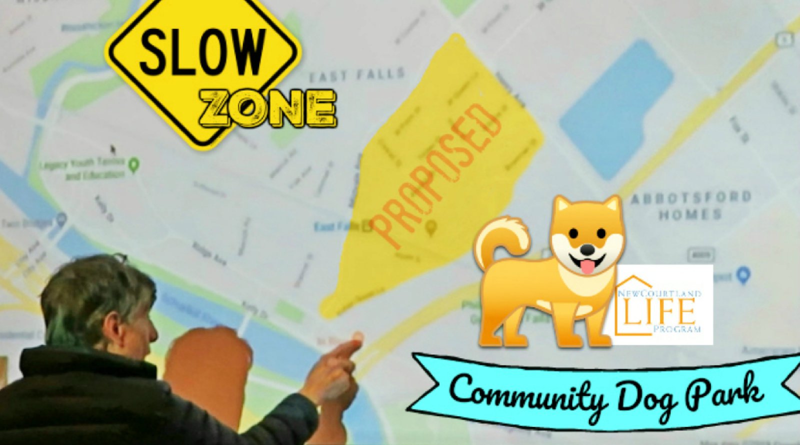 A projected map showing a proposed traffic slow zone and dog park, with a person pointing and graphic overlays including a yellow “SLOW ZONE” sign and cartoon dog.
