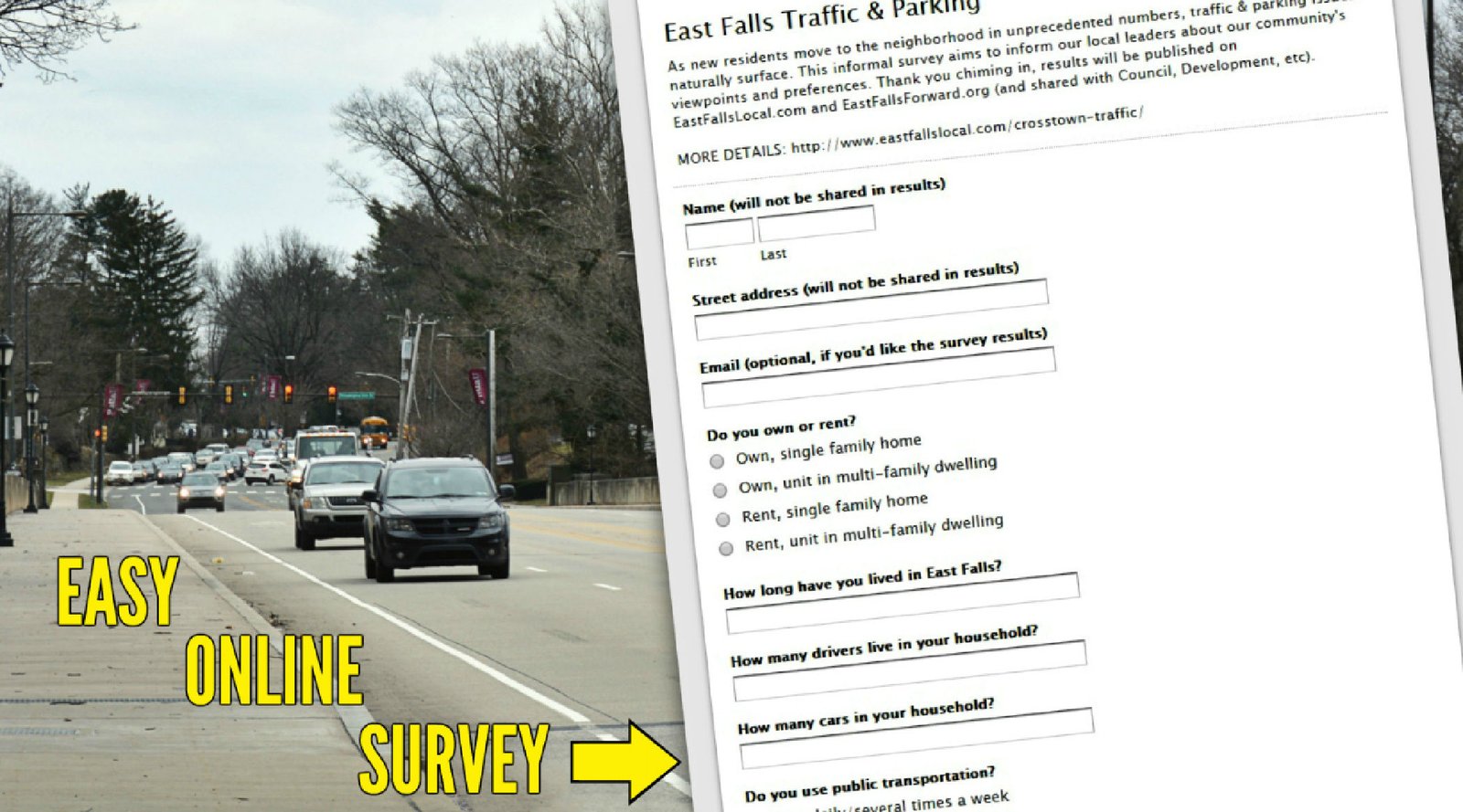 An online traffic and parking survey displayed over a photo of a busy East Falls roadway with the words “EASY ONLINE SURVEY” in bold yellow text.