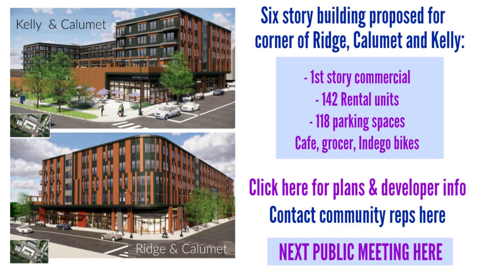 Colorful digital flyer with renderings of a proposed six-story building and meeting details for public input.