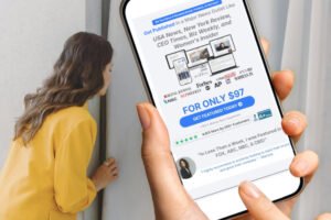 Woman peeks behind curtain while phone displays $97 guaranteed media coverage ad