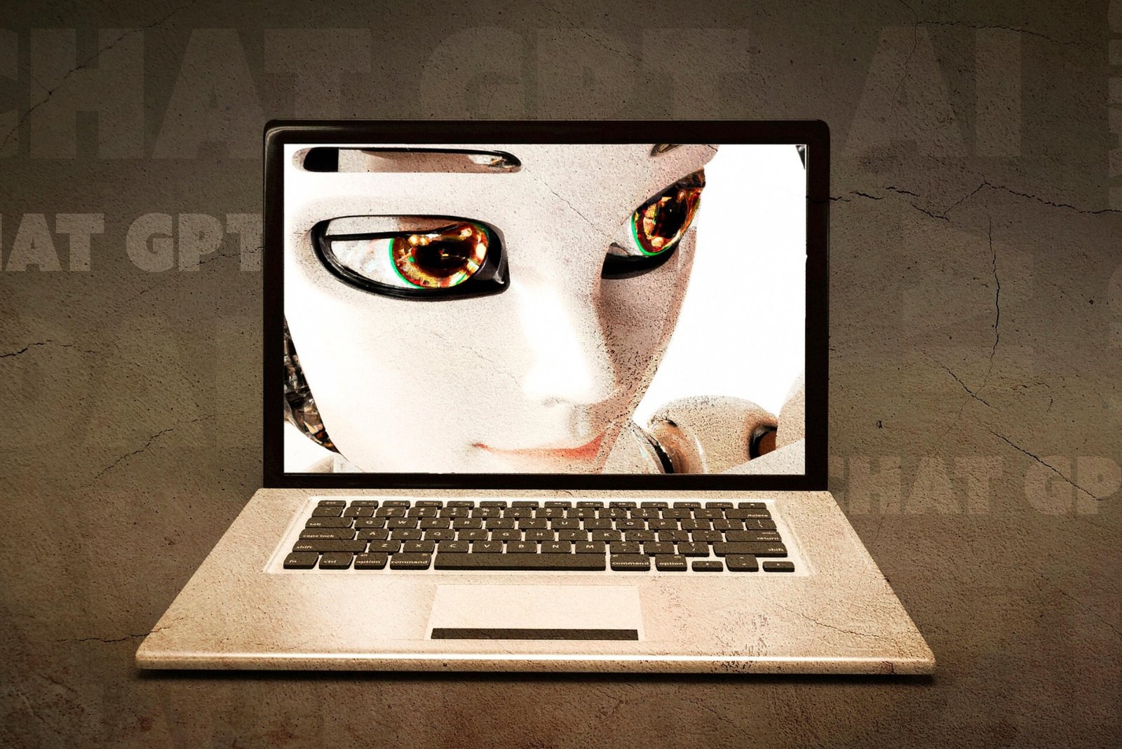 A humanoid robot face displayed on a laptop screen, symbolizing AI-generated content that blurs the line between machine and human writing.