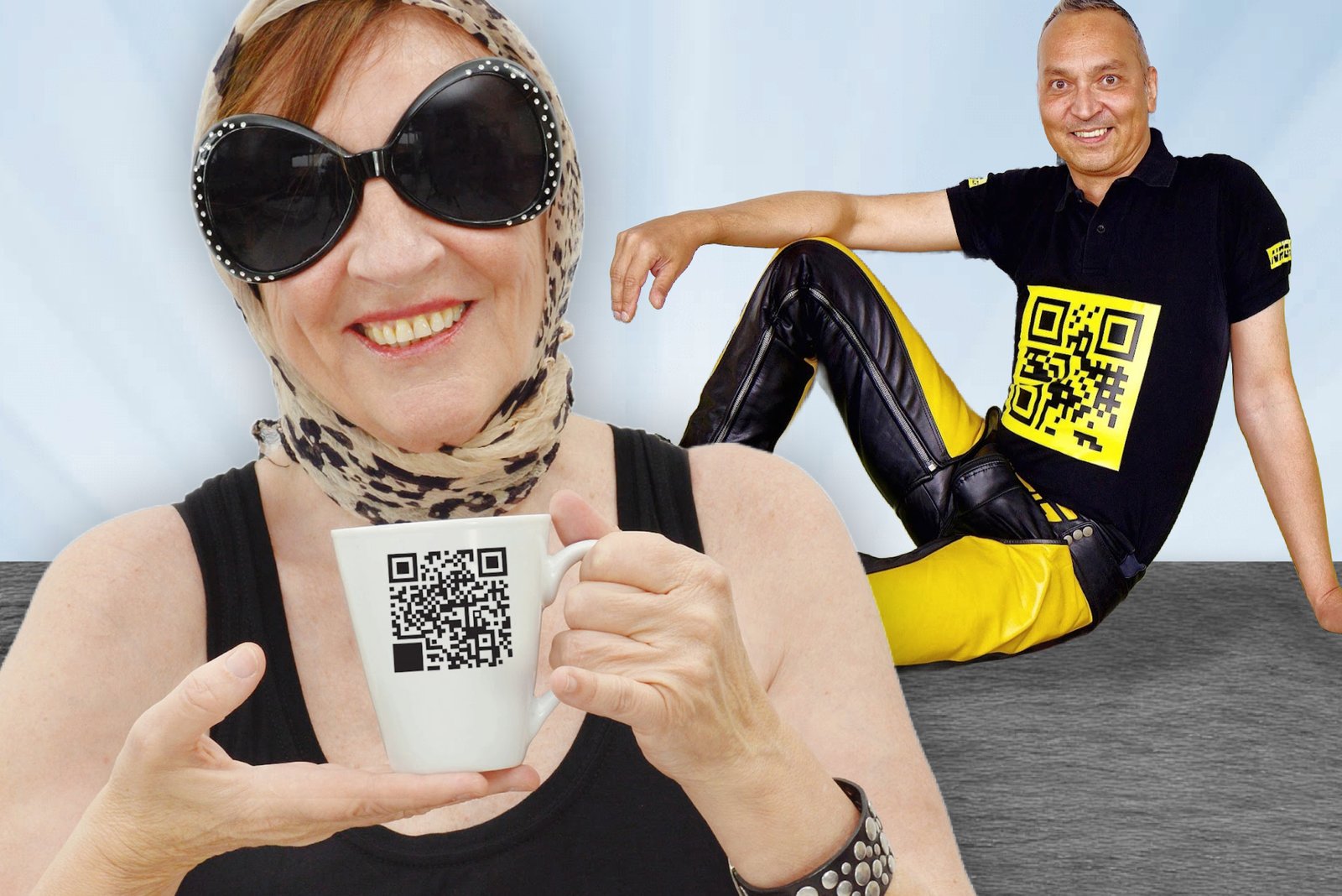 Smiling woman holding a coffee mug with a QR code, seated man wearing a shirt with a bright yellow QR code design, playful concept photo.