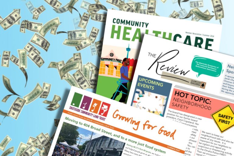 Printed nonprofit newsletters with dollar bills in the background, symbolizing how newsletters can generate ad revenue and fundraising support.