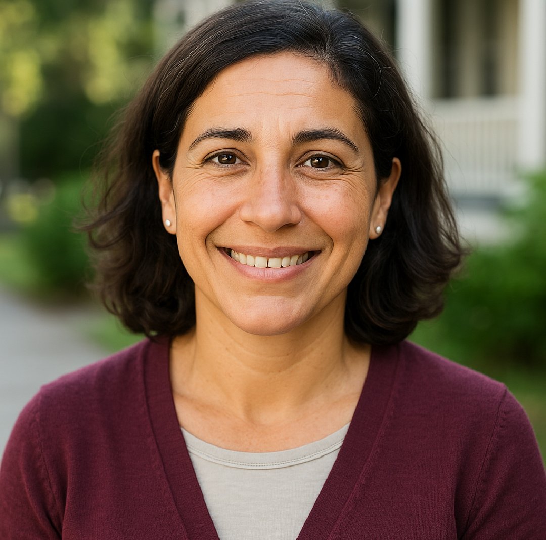 AI-generated portrait of a 42-year-old woman named Patrice, a friendly elementary school teacher and mother representing a community reader avatar profile.