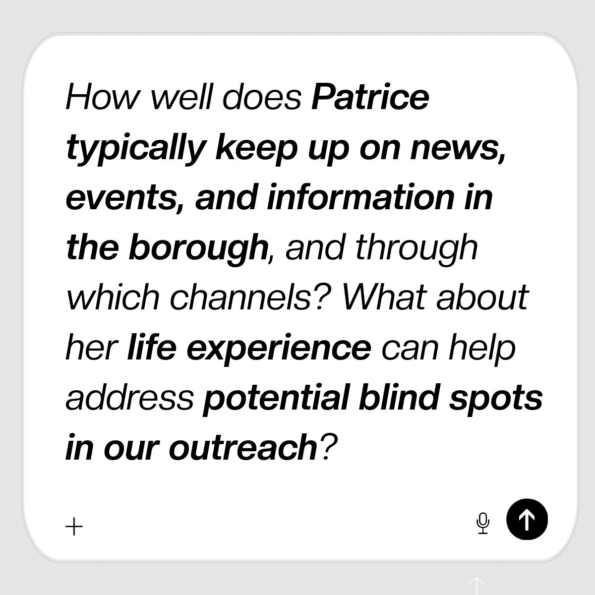Example ChatGPT follow-up prompt asking how Patrice, a community reader avatar, keeps up with local news and what her life experience reveals about outreach blind spots.