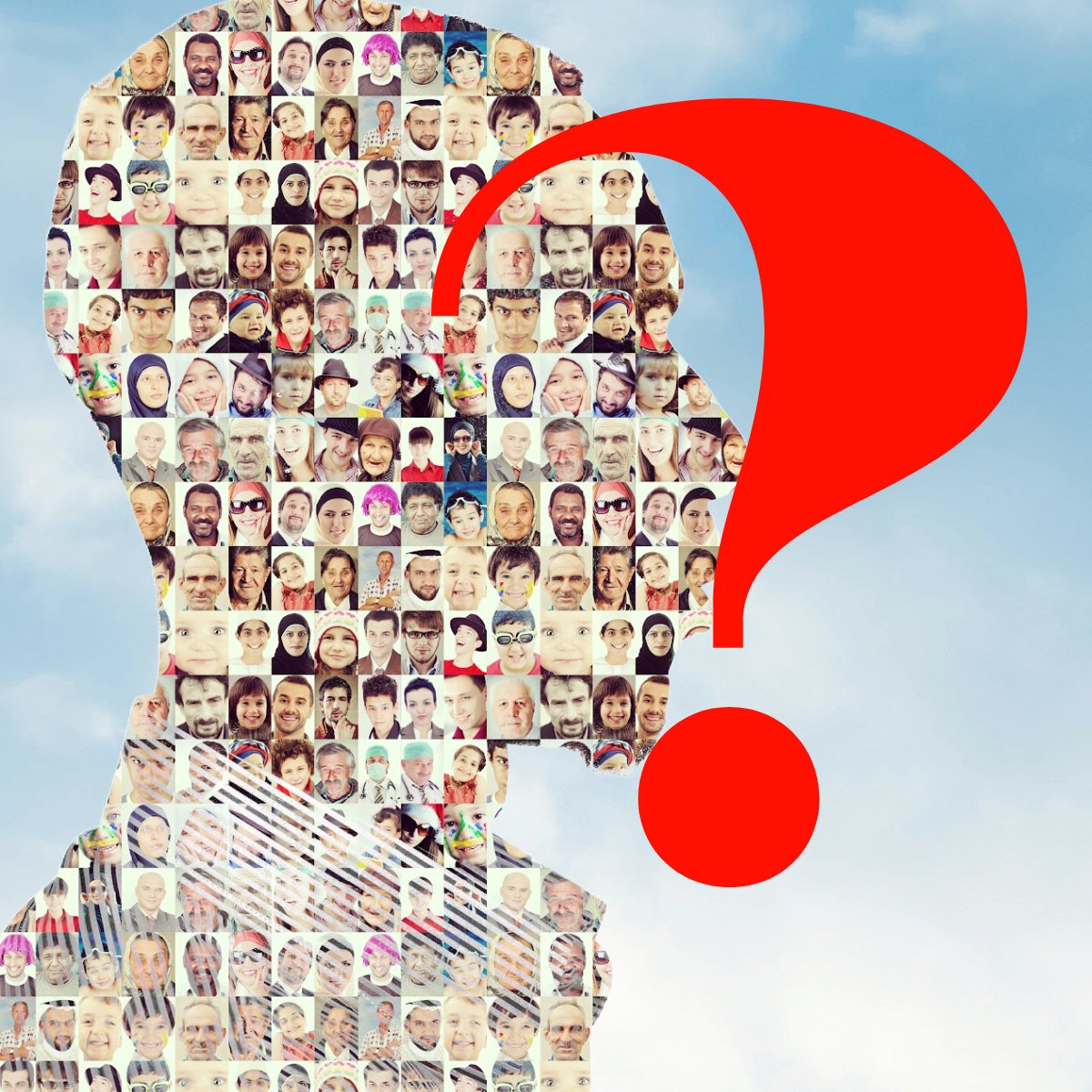 Collage of diverse faces forming a human head silhouette with a bold red question mark overlay, symbolizing the challenge of identifying and understanding your audience.