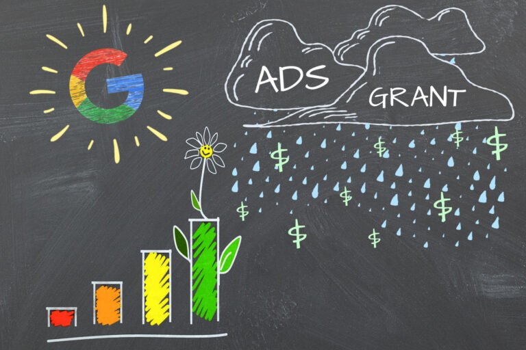 Chalkboard illustration showing rain clouds labeled ‘Ad Grants’ watering a growing flower and bar chart under a colorful Google ‘G’ sun