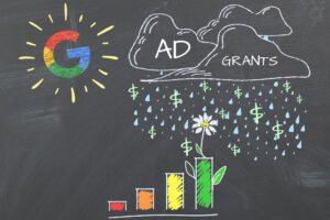 Chalkboard illustration showing rain clouds labeled ‘Ad Grants’ watering a growing flower and bar chart under a colorful Google ‘G’ sun