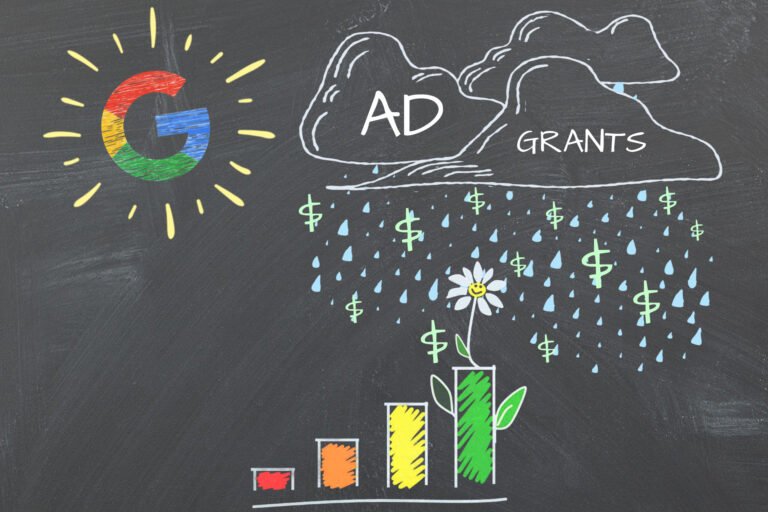 Chalkboard illustration showing rain clouds labeled ‘Ad Grants’ watering a growing flower and bar chart under a colorful Google ‘G’ sun