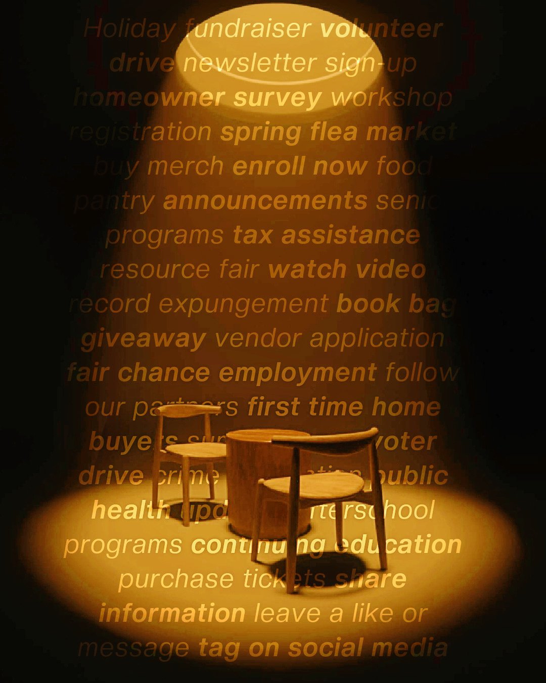 Spotlight shining on community-related words such as fundraiser, volunteer drive, tax assistance, and resource fair, symbolizing how Google Ad Grants help nonprofits highlight their mission.