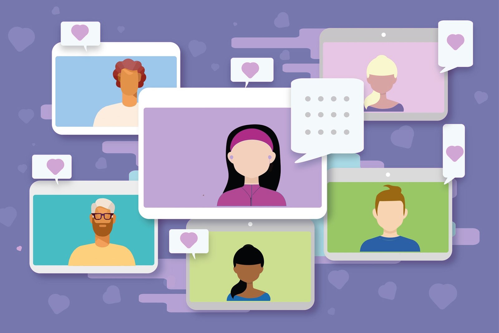 Illustration of diverse people appearing on digital screens with chat bubbles and hearts, symbolizing how marketing connects people to purpose.