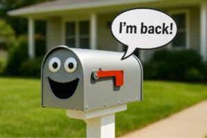 Smiling suburban mailbox with googly eyes and an “I’m back!” speech bubble, symbolizing the comeback of direct mail marketing.