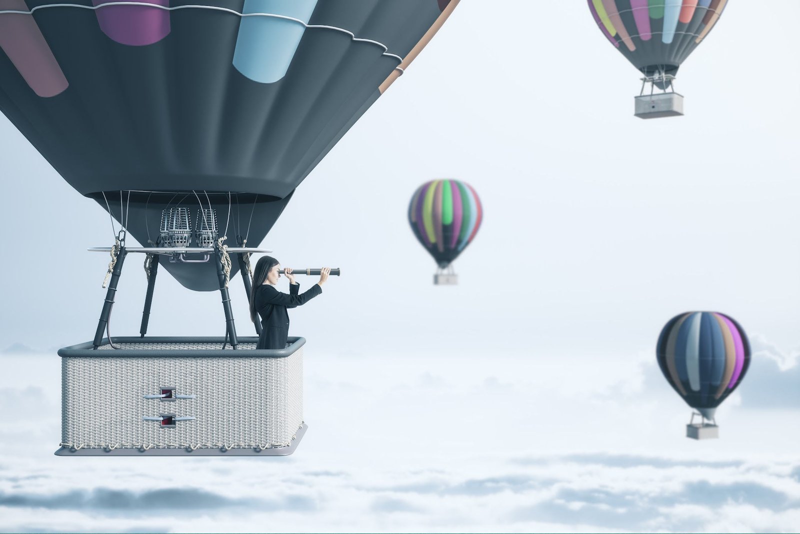 Entrepreneur in a hot air balloon using a telescope to look for opportunities, symbolizing the search for local small business support and funding.