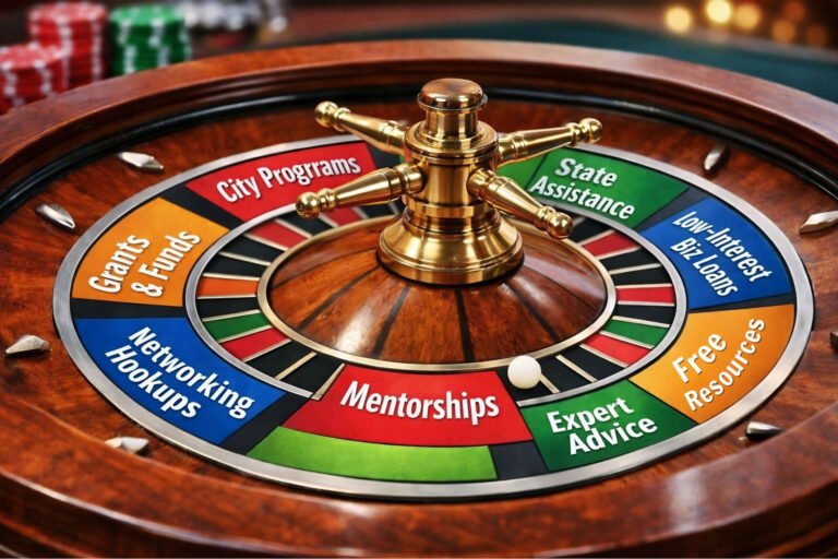 Roulette wheel graphic showing different types of small business support such as city programs, grants, loans, mentorships, networking, and expert advice.
