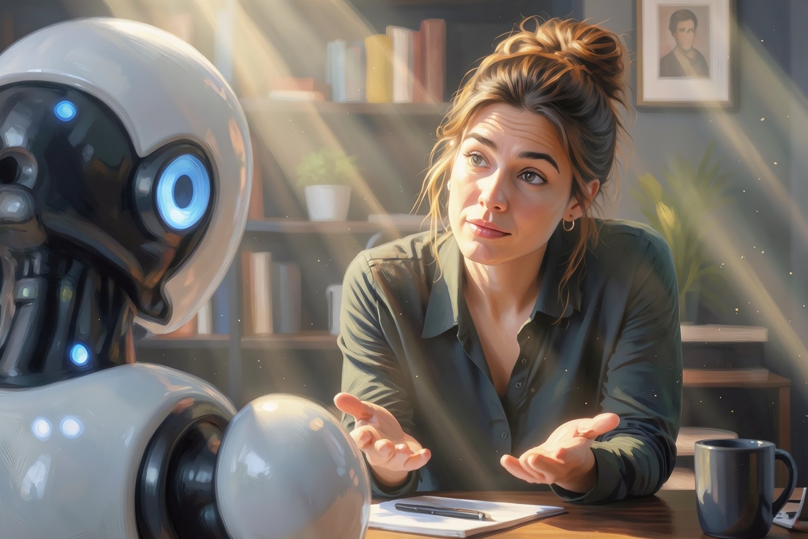 Woman speaking with a robot across a desk, representing ChatGPT feedback and AI-assisted review