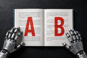 Robotic hands compare two versions of a written article labeled A and B.
