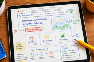 Tablet displaying a nonprofit website redesign plan with Google Ad Grants strategy notes