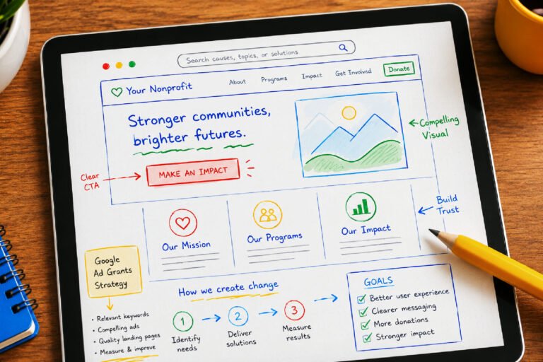 Tablet displaying a nonprofit website redesign plan with Google Ad Grants strategy notes