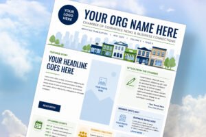 Turnkey chamber publication template floating in the clouds, illustrating revenue-share publishing and advertiser-funded business directories.