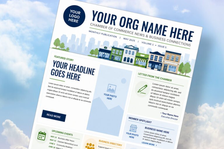 Turnkey chamber publication template floating in the clouds, illustrating revenue-share publishing and advertiser-funded business directories.